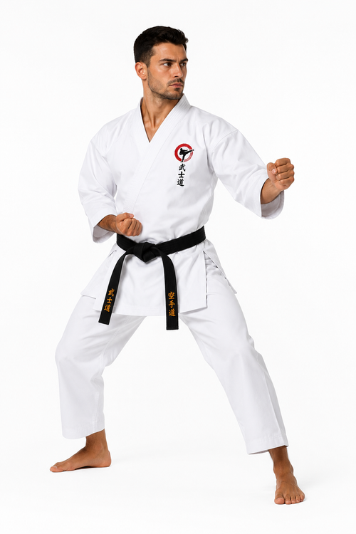 Man in a white martial arts uniform with a black belt on a white background