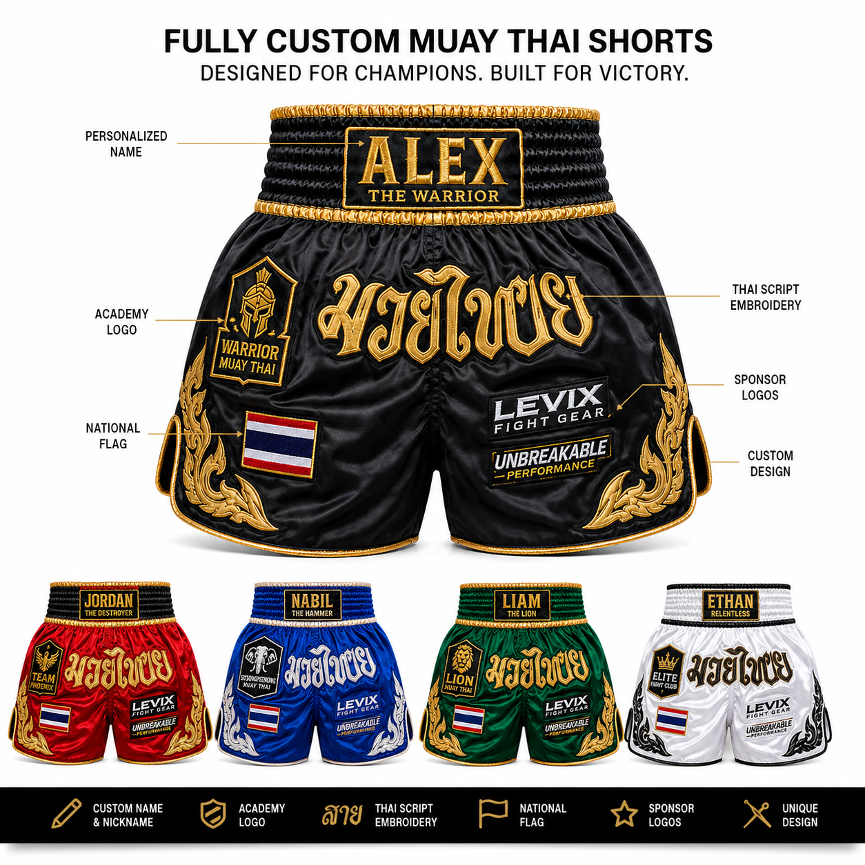 Custom Retro Muay Thai Shorts | Vintage Thai Boxing Fight Shorts | Levix